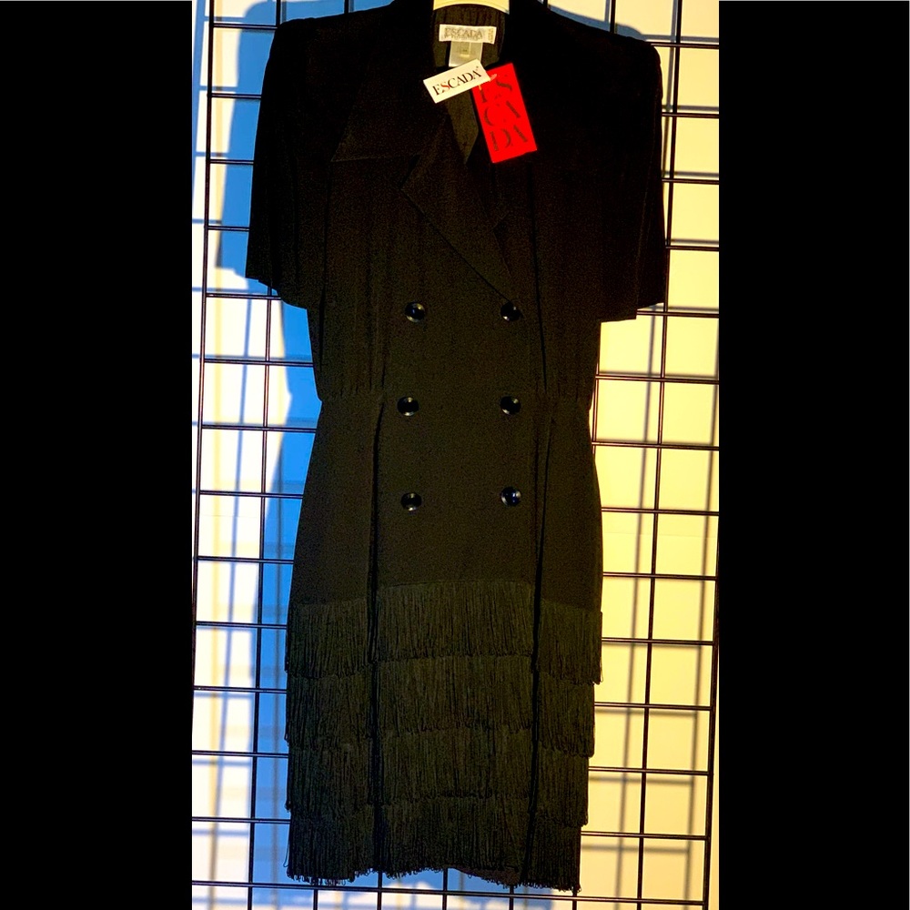 Vintage Escada Black Silk Dress with Fringe Bottom